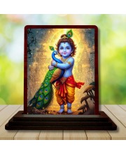 Car Desk/Table Top Lord Bal Krishna Wooden Photo Stand 3x4 Inches, Compact & Stylish Spiritual Display For Car, Home & Office (Pack Of 1) (F15148)