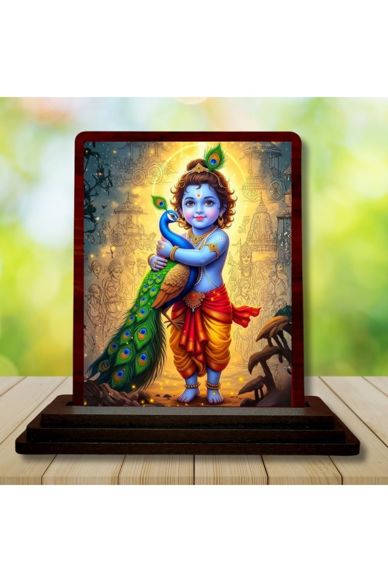 Car Desk/Table Top Lord Bal Krishna Wooden Photo Stand 3x4 Inches, Compact & Stylish Spiritual Display For Car, Home & Office (Pack Of 1) (F15148)