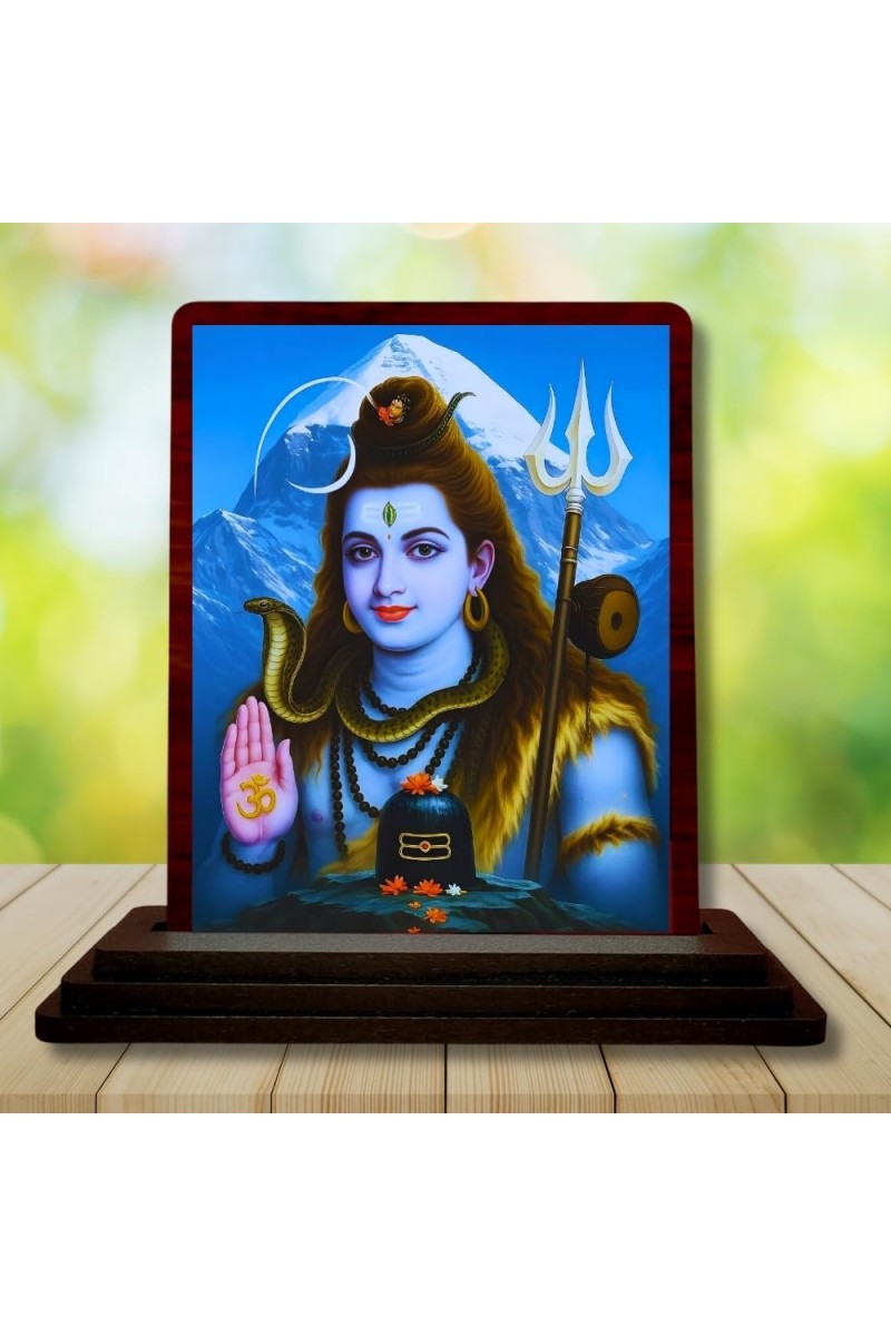 Car Desk/Table Top Lord Shiva Wooden Photo Stand 3x4 Inches, Compact & Stylish Spiritual Display For Car, Home & Office (Pack Of 1) (F15101)