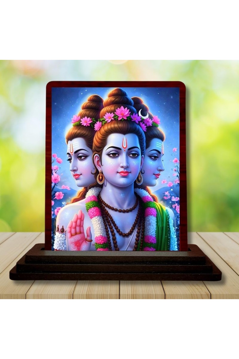 Car Desk/Table Top Lord Dattatreya Wooden Photo Stand 3x4 Inches, Compact & Stylish Spiritual Display For Car, Home & Office (Pack Of 1) (F14164)