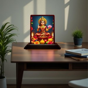 Car Desk/Table Top Maa Laxmi Wooden Photo Stand 3x4 Inches, Compact & Stylish Spiritual Display For Car, Home & Office (Pack Of 1) (F15079)