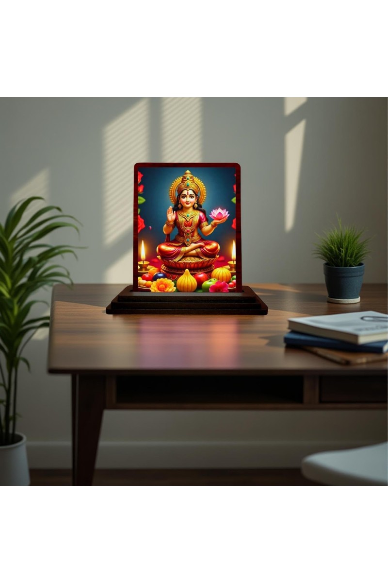 Car Desk/Table Top Maa Laxmi Wooden Photo Stand 3x4 Inches, Compact & Stylish Spiritual Display For Car, Home & Office (Pack Of 1) (F15079)