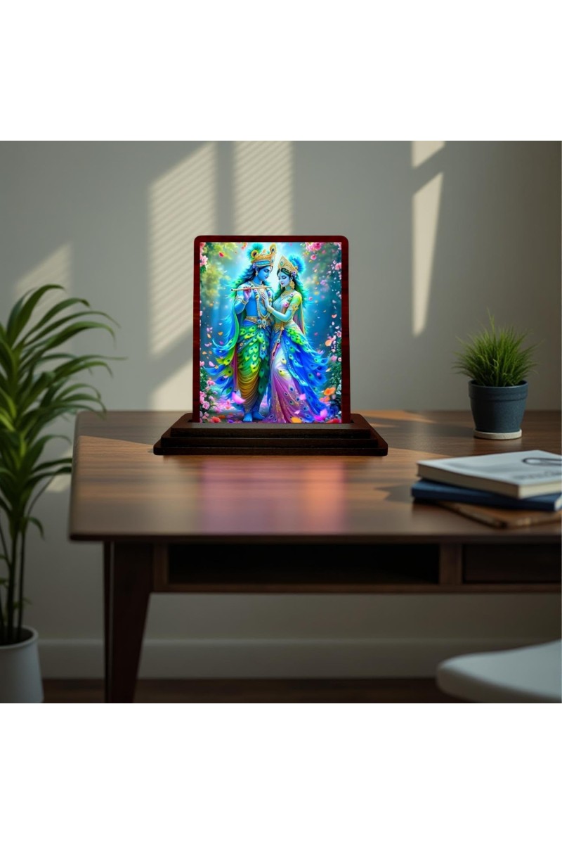 Car Desk/Table Top Lord Radha Krishna Wooden Photo Stand 3x4 Inches, Compact & Stylish Spiritual Display For Car, Home & Office (Pack Of 1) (F15127)