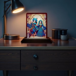 Car Desk/Table Top Radha Krishna Wooden Photo Stand 3x4 Inches, Compact & Stylish Spiritual Display For Car, Home & Office (Pack Of 1) (F14224)