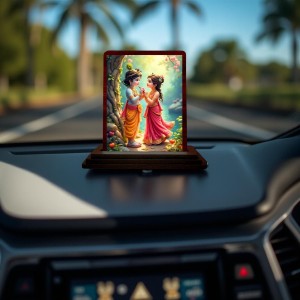 Car Desk/Table Top Radha Krishna Wooden Photo Stand 3x4 Inches, Compact & Stylish Spiritual Display For Car, Home & Office (Pack Of 1) (F14381)