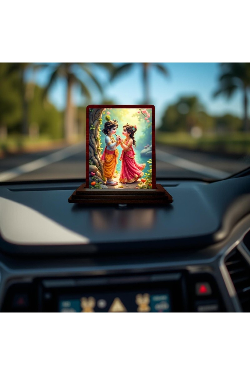 Car Desk/Table Top Radha Krishna Wooden Photo Stand 3x4 Inches, Compact & Stylish Spiritual Display For Car, Home & Office (Pack Of 1) (F14381)