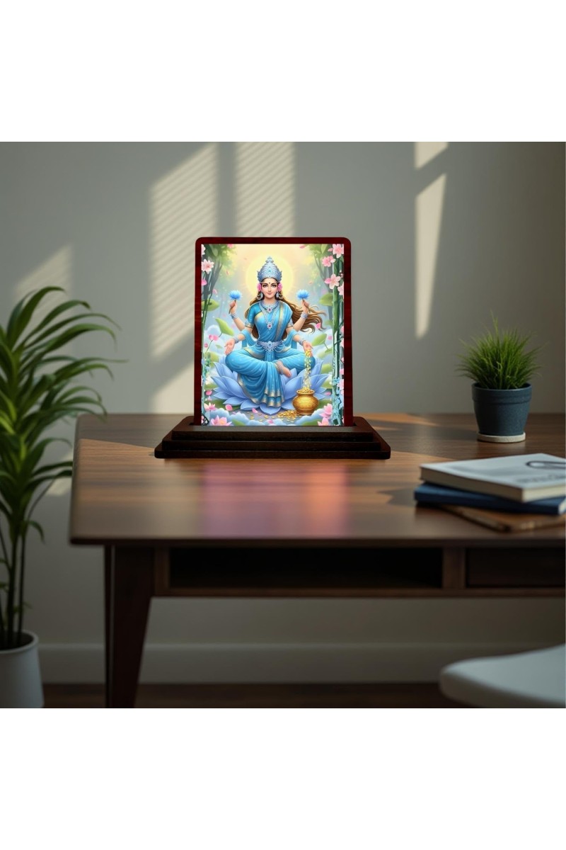 Car Desk/Table Top Maa Laxmi Wooden Photo Stand 3x4 Inches, Compact & Stylish Spiritual Display For Car, Home & Office (Pack Of 1) (F15092)
