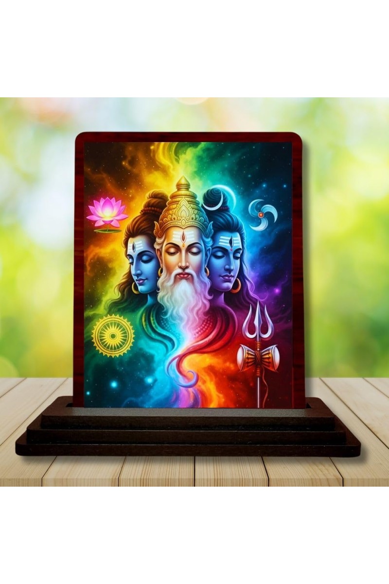Car Desk/Table Top Bramha Vishnu Shiva Wooden Photo Stand 3x4 Inches, Compact & Stylish Spiritual Display For Car, Home & Office (Pack Of 1) (F14162)