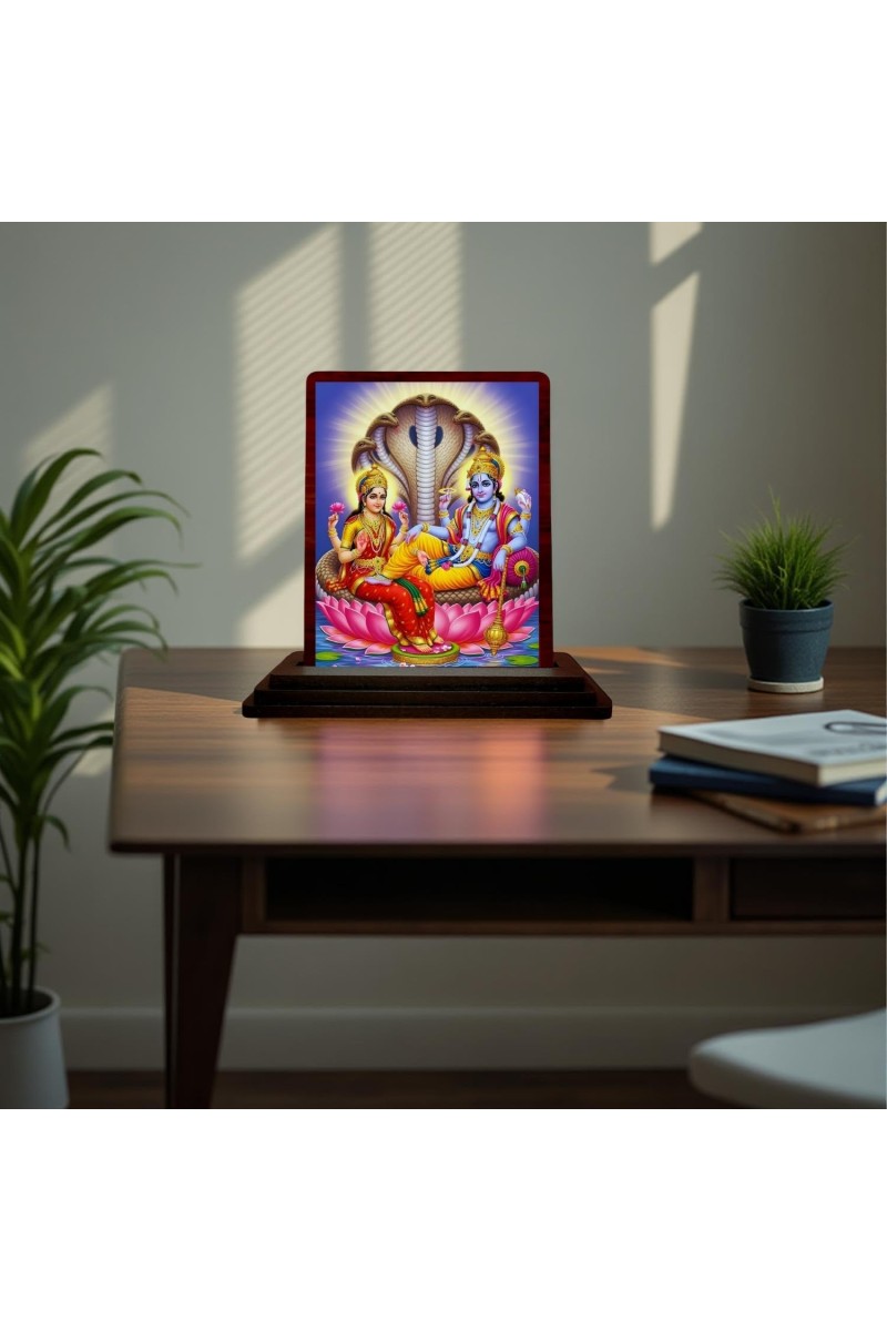 Car Desk/Table Top Lord Vishnu Laxmi Wooden Photo Stand 3x4 Inches, Compact & Stylish Spiritual Display For Car, Home & Office (Pack Of 1) (F15132)
