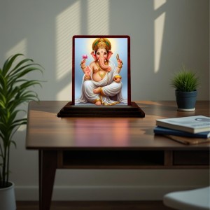 Car Desk/Table Top Lord Ganesha Wooden Photo Stand 3x4 Inches, Compact & Stylish Spiritual Display For Car, Home & Office (Pack Of 1) (F15162)
