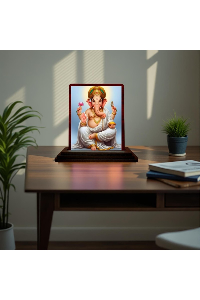 Car Desk/Table Top Lord Ganesha Wooden Photo Stand 3x4 Inches, Compact & Stylish Spiritual Display For Car, Home & Office (Pack Of 1) (F15162)