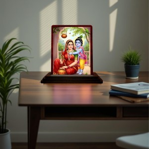 Car Desk/Table Top Lord Radha Krishna Wooden Photo Stand 3x4 Inches, Compact & Stylish Spiritual Display For Car, Home & Office (Pack Of 1) (F15170)