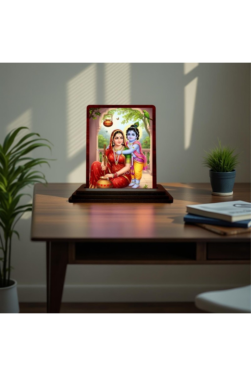 Car Desk/Table Top Lord Radha Krishna Wooden Photo Stand 3x4 Inches, Compact & Stylish Spiritual Display For Car, Home & Office (Pack Of 1) (F15170)