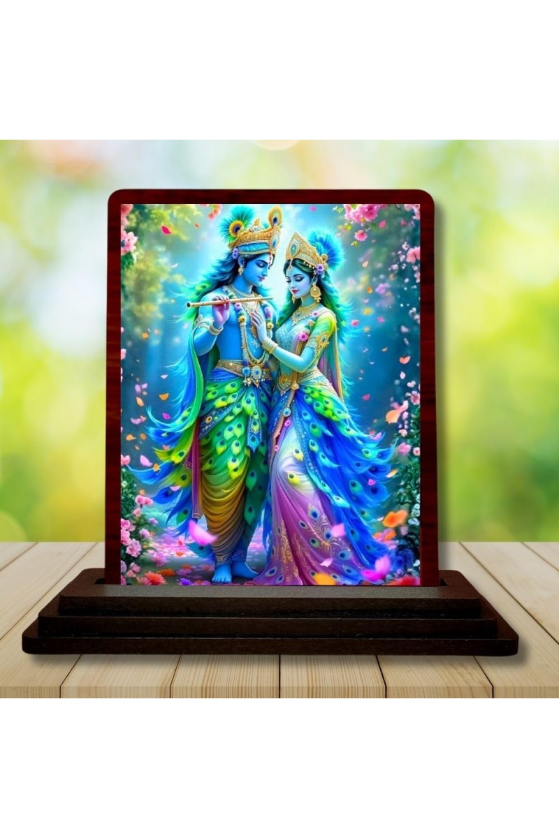 Car Desk/Table Top Radha Krishna Wooden Photo Stand 3x4 Inches, Compact & Stylish Spiritual Display For Car, Home & Office (Pack Of 1) (F14229)
