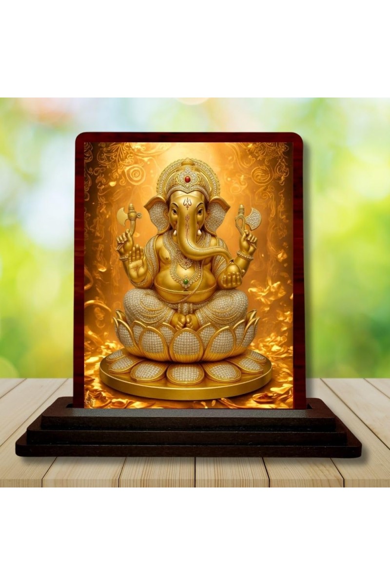 Car Desk/Table Top Lord Ganesha Wooden Photo Stand 3x4 Inches, Compact & Stylish Spiritual Display For Car, Home & Office (Pack Of 1) (F14171)