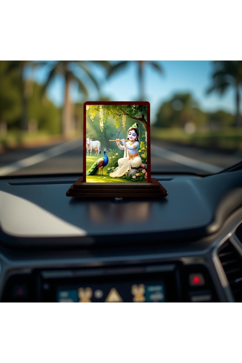 Car Desk/Table Top Lord Krishna Wooden Photo Stand 3x4 Inches, Compact & Stylish Spiritual Display For Car, Home & Office (Pack Of 1) (F14515)