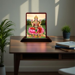 Car Desk/Table Top Goddess Lakshmi Wooden Photo Stand 3x4 Inches, Compact & Stylish Spiritual Display For Car, Home & Office (Pack Of 1) (F14567)