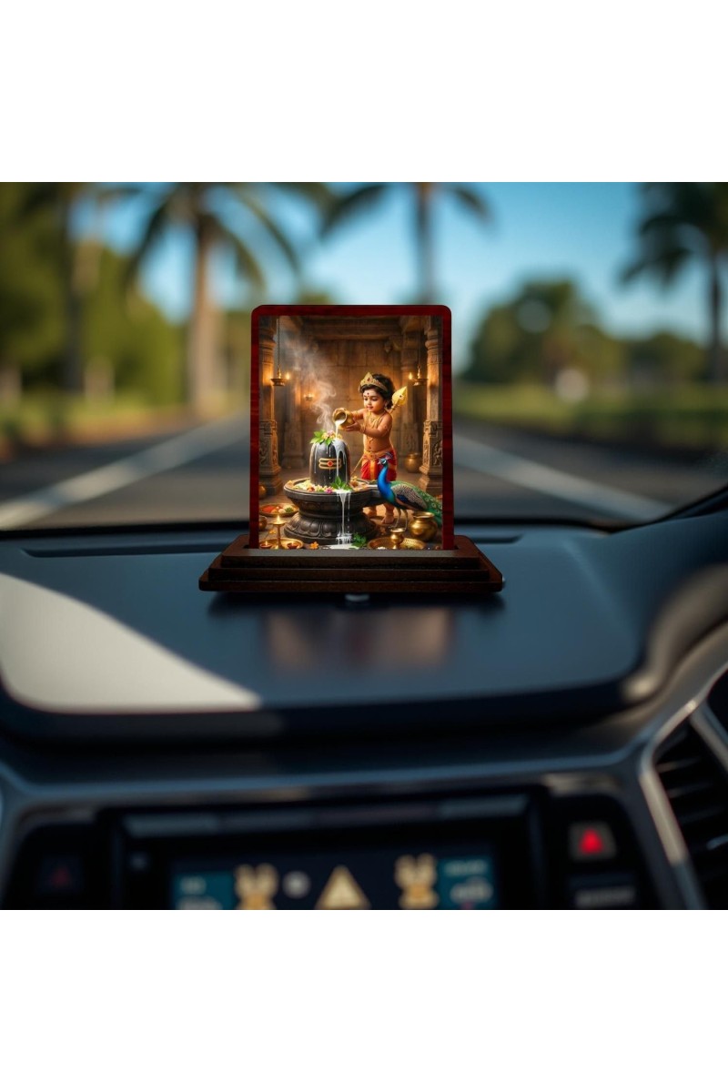 Car Desk/Table Top Lord Karthikeya With Shivalingam Wooden Photo Stand 3x4 Inches, Compact & Stylish Spiritual Display For Car, Home & Office (Pack Of 1) (F14335)