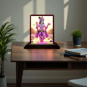 Car Desk/Table Top Lord Krishna Wooden Photo Stand 3x4 Inches, Compact & Stylish Spiritual Display For Car, Home & Office (Pack Of 1) (F14385)