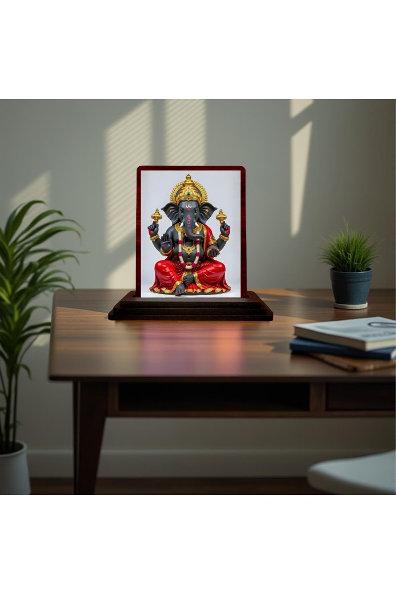Car Desk/Table Top Lord Ganesh Wooden Photo Stand 3x4 Inches, Compact & Stylish Spiritual Display For Car, Home & Office (Pack Of 1) (F15182)