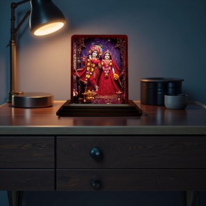 Car Desk/Table Top Radha Krishna Wooden Photo Stand 3x4 Inches, Compact & Stylish Spiritual Display For Car, Home & Office (Pack Of 1) (F14225)