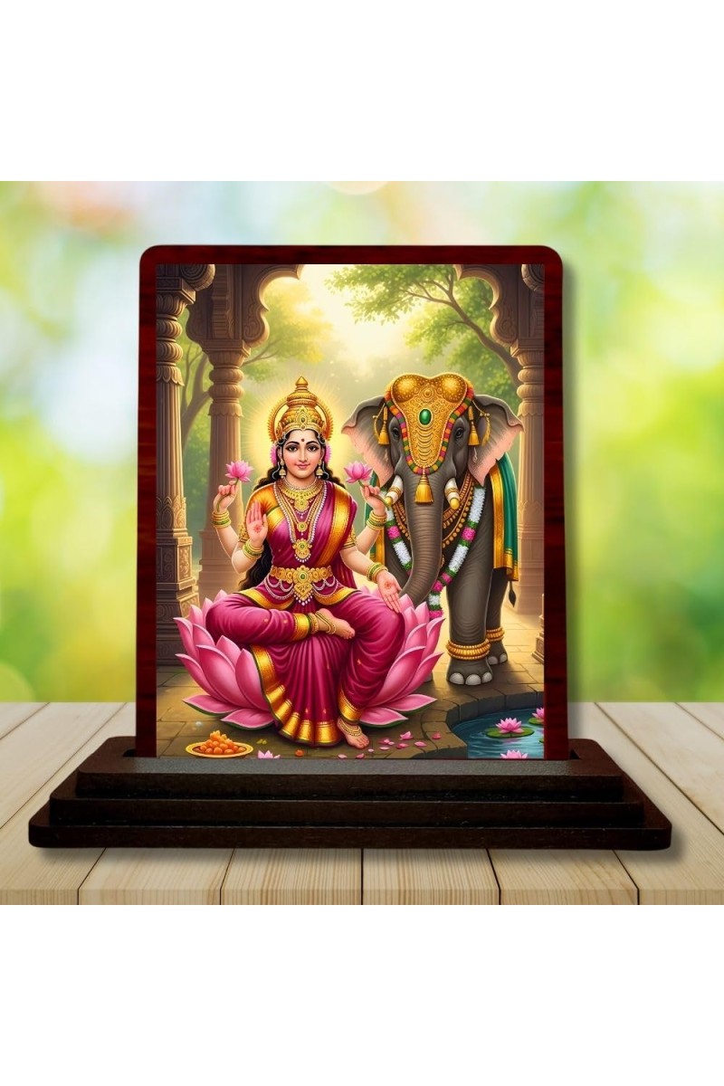 Car Desk/Table Top Goddess Lakshmi Wooden Photo Stand 3x4 Inches, Compact & Stylish Spiritual Display For Car, Home & Office (Pack Of 1) (F14168)