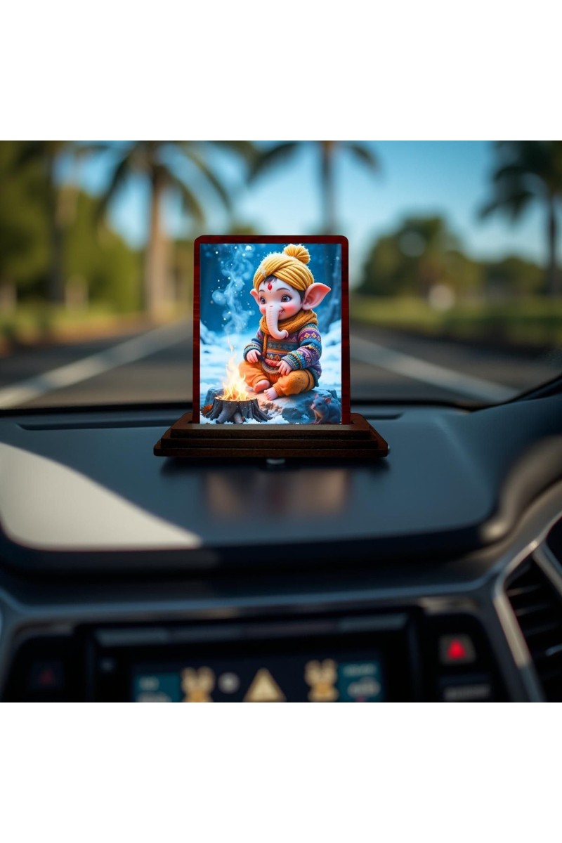 Car Desk/Table Top Lord Ganesha Wooden Photo Stand 3x4 Inches, Compact & Stylish Spiritual Display For Car, Home & Office (Pack Of 1) (F14353)