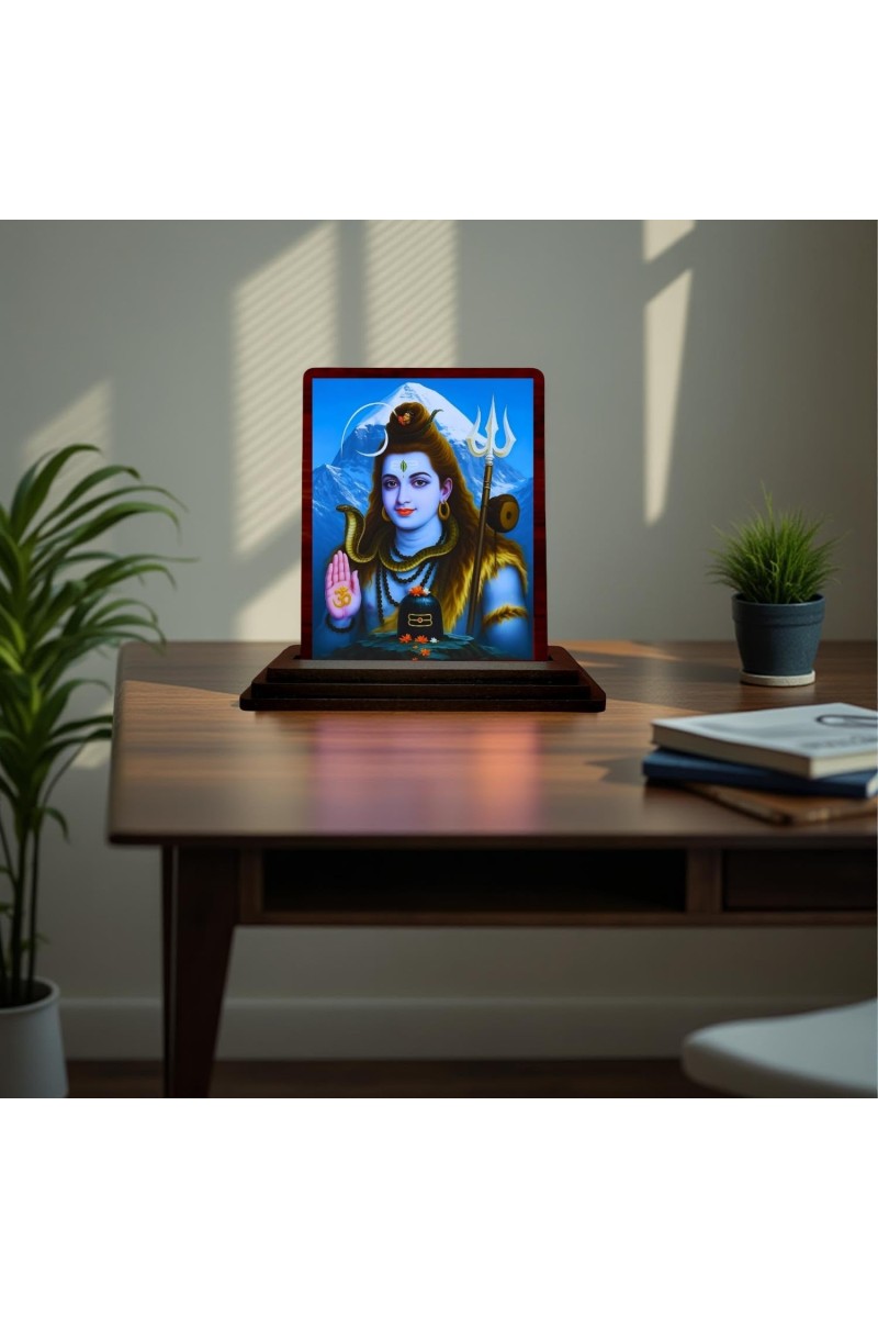 Car Desk/Table Top Lord Shiva Wooden Photo Stand 3x4 Inches, Compact & Stylish Spiritual Display For Car, Home & Office (Pack Of 1) (F15101)