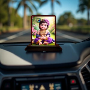 Car Desk/Table Top Lord Krishna Wooden Photo Stand 3x4 Inches, Compact & Stylish Spiritual Display For Car, Home & Office (Pack Of 1) (F14457)
