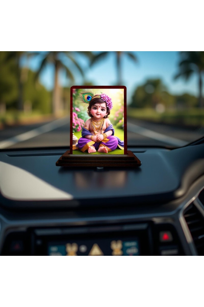 Car Desk/Table Top Lord Krishna Wooden Photo Stand 3x4 Inches, Compact & Stylish Spiritual Display For Car, Home & Office (Pack Of 1) (F14457)