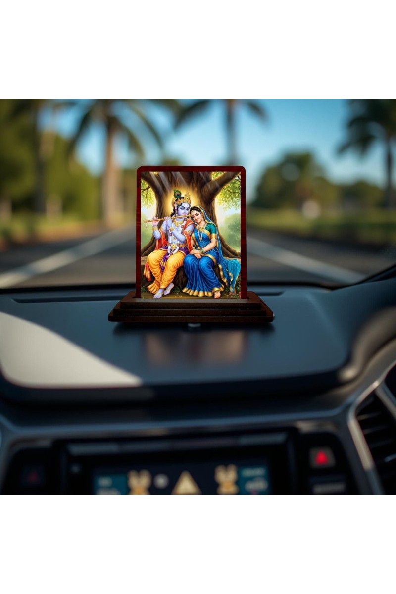 Car Desk/Table Top Radha Krishna Wooden Photo Stand 3x4 Inches, Compact & Stylish Spiritual Display For Car, Home & Office (Pack Of 1) (F14274)