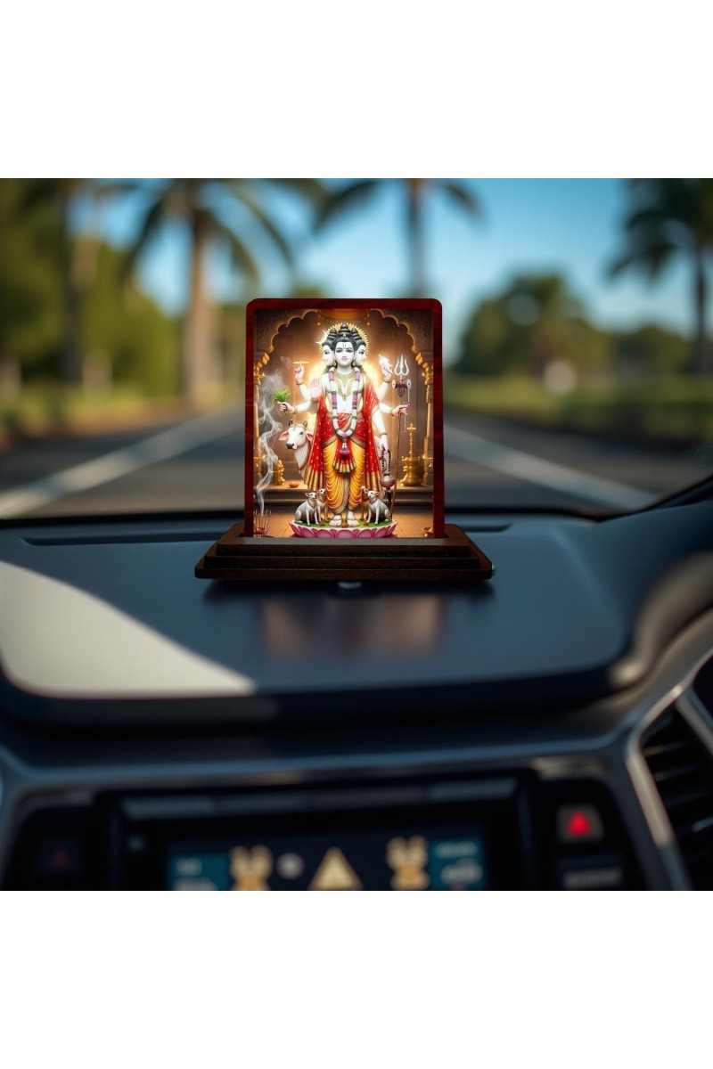 Car Desk/Table Top Lord Dattatreya Wooden Photo Stand 3x4 Inches, Compact & Stylish Spiritual Display For Car, Home & Office (Pack Of 1) (F14395)