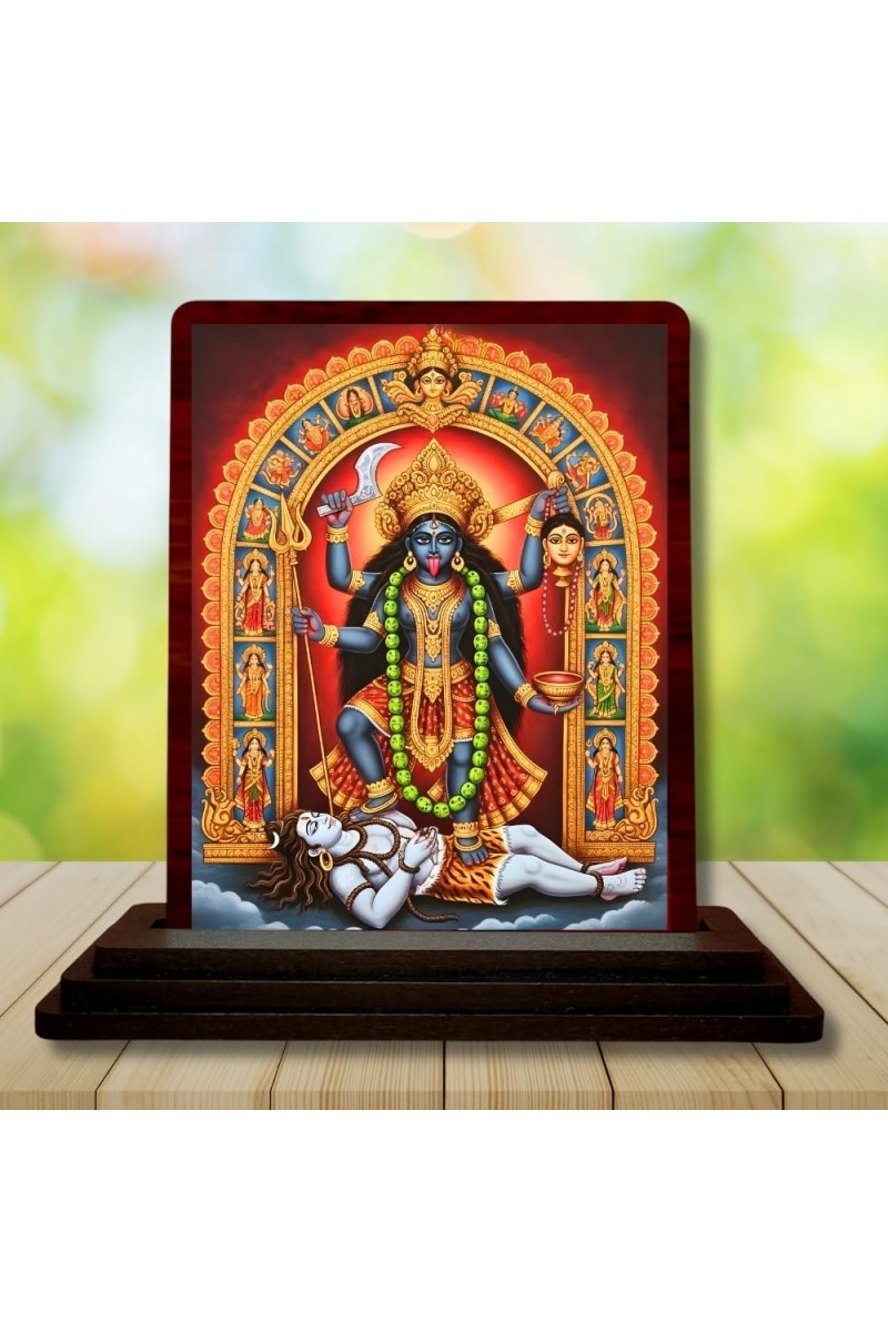 Car Desk/Table Top Maa Kali Wooden Photo Stand 3x4 Inches, Compact & Stylish Spiritual Display For Car, Home & Office (Pack Of 1) (F15058)