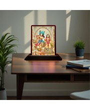Car Desk/Table Top Lord Radha Krishna Wooden Photo Stand 3x4 Inches, Compact & Stylish Spiritual Display For Car, Home & Office (Pack Of 1) (F15119)
