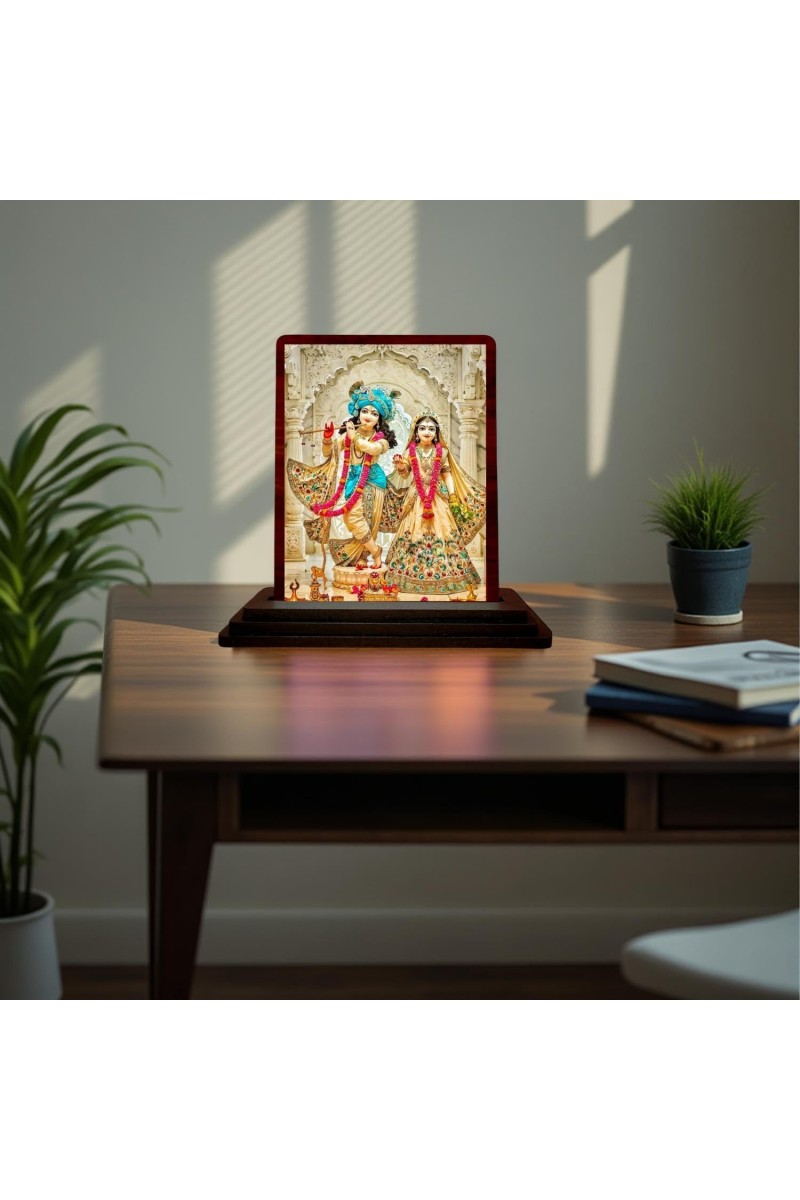 Car Desk/Table Top Lord Radha Krishna Wooden Photo Stand 3x4 Inches, Compact & Stylish Spiritual Display For Car, Home & Office (Pack Of 1) (F15119)