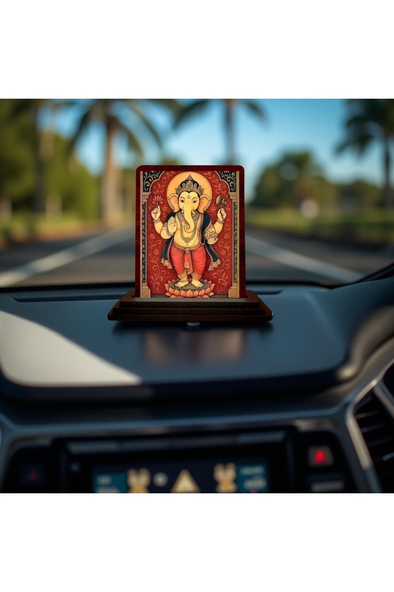 Car Desk/Table Top Lord Ganesha Wooden Photo Stand 3x4 Inches, Compact & Stylish Spiritual Display For Car, Home & Office (Pack Of 1) (F14266)