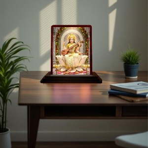 Car Desk/Table Top Goddess Lakshmi Wooden Photo Stand 3x4 Inches, Compact & Stylish Spiritual Display For Car, Home & Office (Pack Of 1) (F14520)