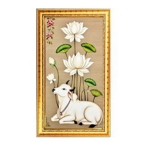 Cow With Lotus Flower Digital Golden Color Photo Frame | Hindu Religious Wall Decor | 10x17 Inches - Inspirational Wall Art For Office, Home Decor - Ideal Spiritual Gift (F10297) Cow With Lotus Flower Digital Golden Color Photo Frame | Hindu Religious Wall Decor | 10x17 Inches - Inspirational Wall Art For Office, Home Decor - Ideal Spiritual Gift (F10297)
