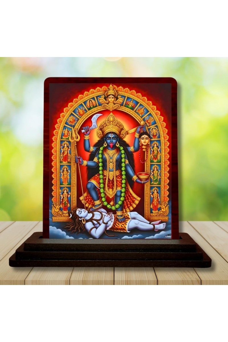 Car Desk/Table Top Maa Kali Wooden Photo Stand 3x4 Inches, Compact & Stylish Spiritual Display For Car, Home & Office (Pack Of 1) (F15093)