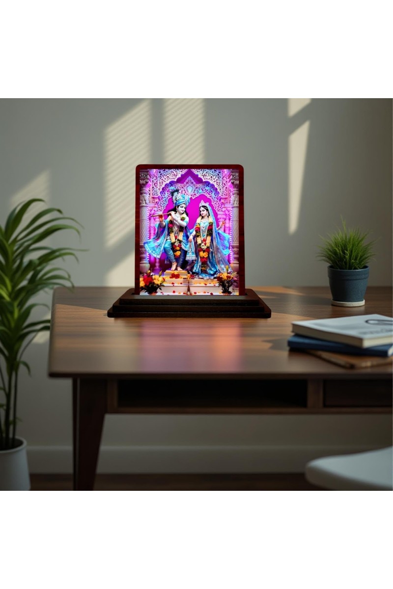 Car Desk/Table Top Lord Radha Krishna Wooden Photo Stand 3x4 Inches, Compact & Stylish Spiritual Display For Car, Home & Office (Pack Of 1) (F15121)