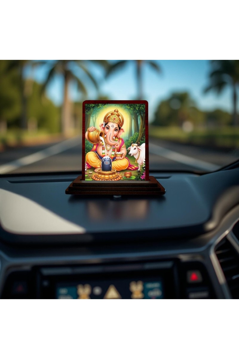 Car Desk/Table Top Lord Ganesha Wooden Photo Stand 3x4 Inches, Compact & Stylish Spiritual Display For Car, Home & Office (Pack Of 1) (F14524)