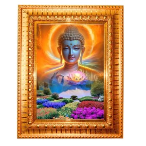 Divine Buddha Golden Designer Photo Frame | 14x18 Inch Religious Wall Hanging Frame For Home & Office Decoration | Hindu Deity Spiritual Gift Item