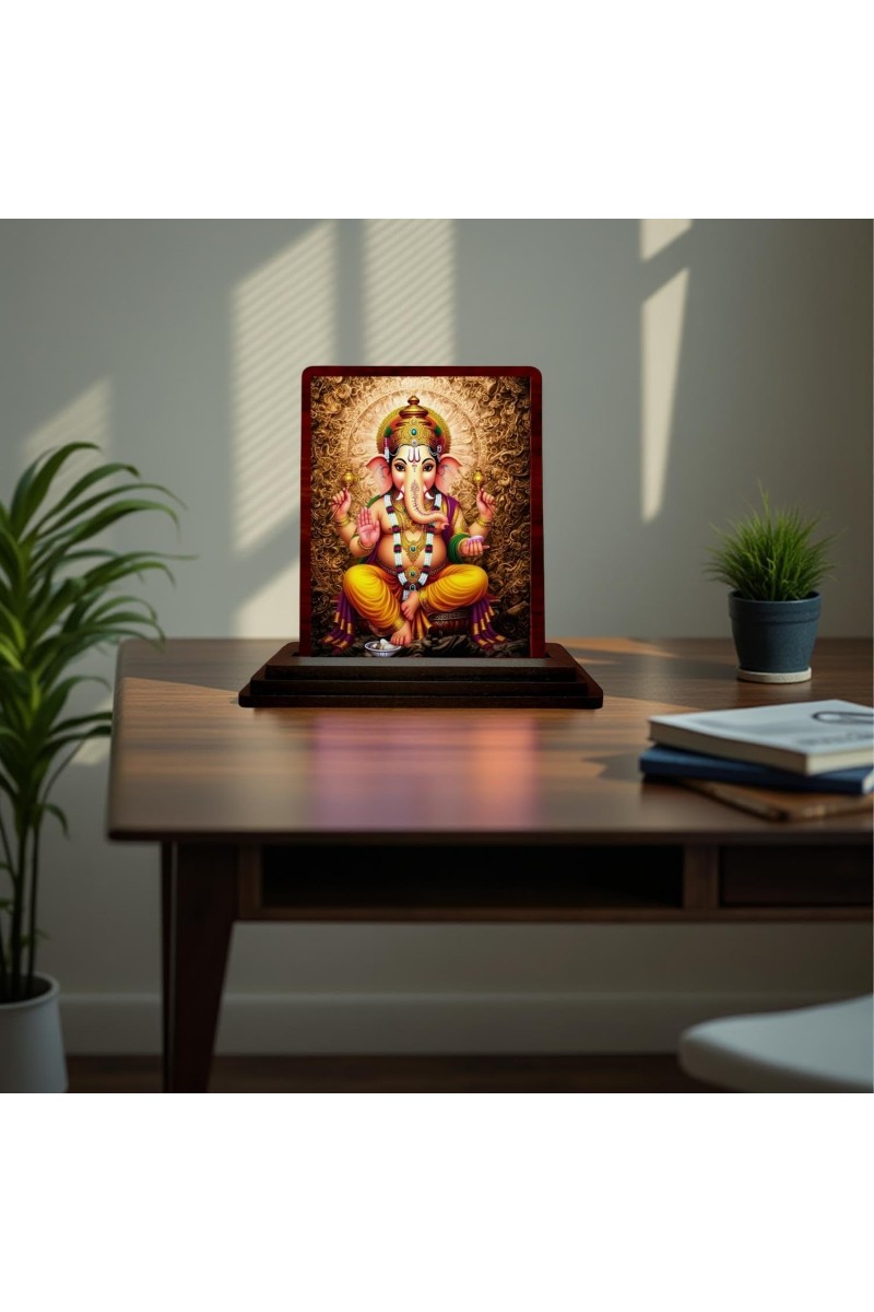 Car Desk/Table Top Lord Ganesha Wooden Photo Stand 3x4 Inches, Compact & Stylish Spiritual Display For Car, Home & Office (Pack Of 1) (F15076)