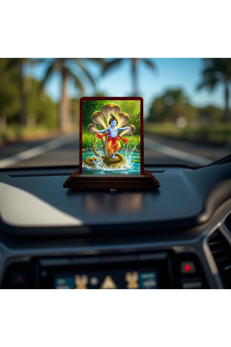 Car Desk/Table Top Lord Krishna Wooden Photo Stand 3x4 Inches, Compact & Stylish Spiritual Display For Car, Home & Office (Pack Of 1) (F14300)