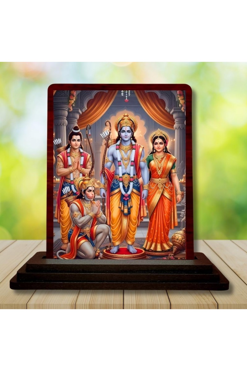 Car Desk/Table Top Rama Darbar Wooden Photo Stand 3x4 Inches, Compact & Stylish Spiritual Display For Car, Home & Office (Pack Of 1) (F14286)