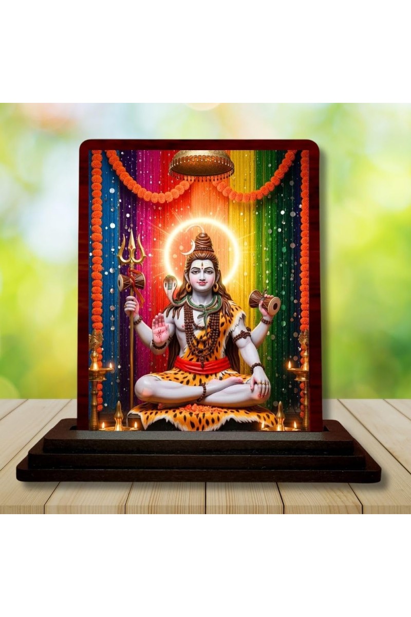 Car Desk/Table Top Lord Shiva Wooden Photo Stand 3x4 Inches, Compact & Stylish Spiritual Display For Car, Home & Office (Pack Of 1) (F14311)