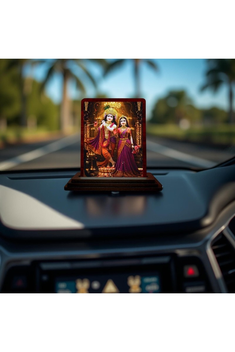 Car Desk/Table Top Radha Krishna Wooden Photo Stand 3x4 Inches, Compact & Stylish Spiritual Display For Car, Home & Office (Pack Of 1) (F14227)