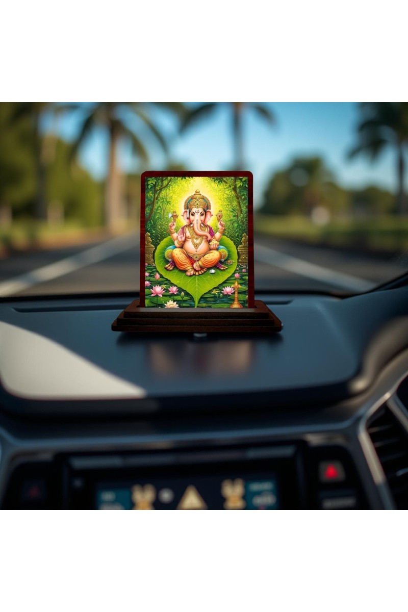 Car Desk/Table Top Lord Ganesha Wooden Photo Stand 3x4 Inches, Compact & Stylish Spiritual Display For Car, Home & Office (Pack Of 1) (F14526)
