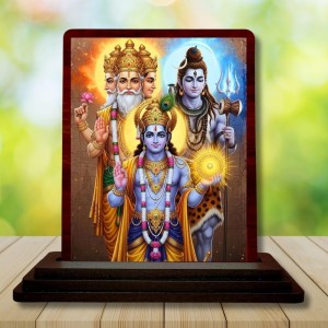 Car Desk/Table Top Bramha Vishnu Shiva Wooden Photo Stand 3x4 Inches, Compact & Stylish Spiritual Display For Car, Home & Office (Pack Of 1) (F14244)