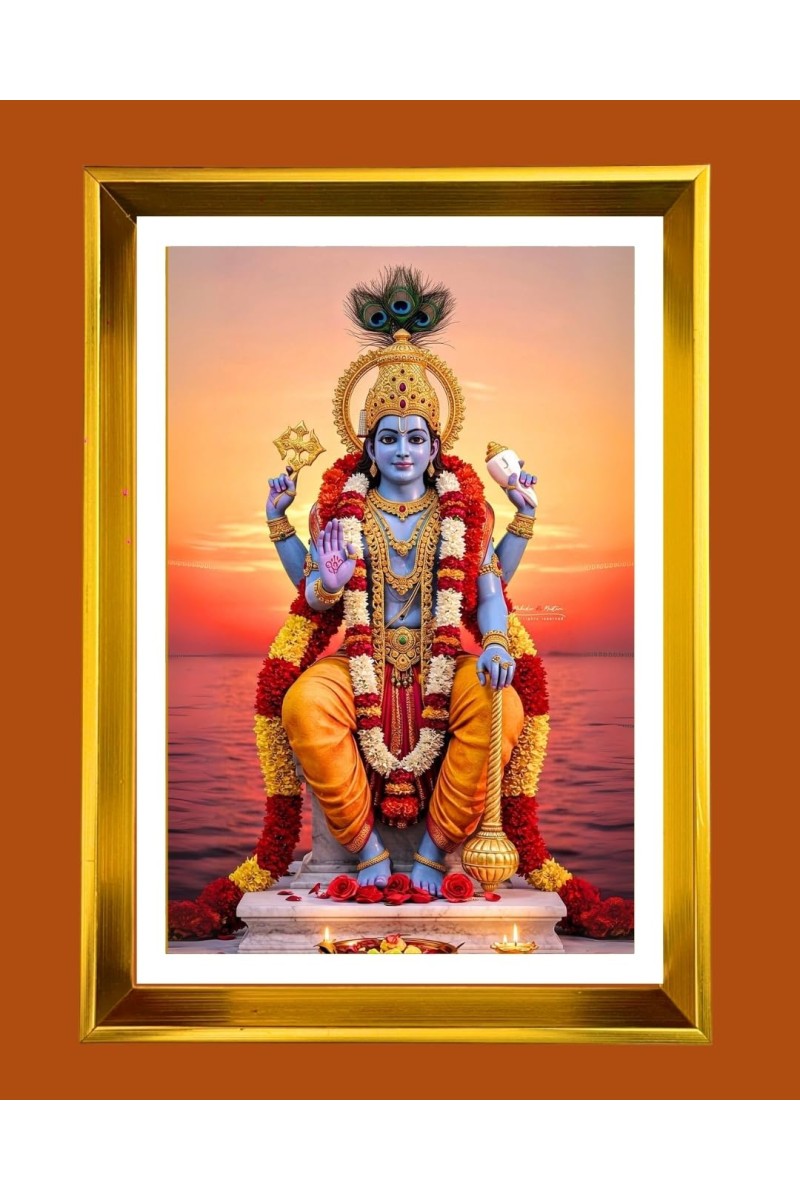 Lord Vishnu Golden Photo Frame - 10x14 Inches | Elegant Wooden Frame For Home, Office & Temple Decoration | Spiritual Wall & Table Decor And Gift Item (F9680)